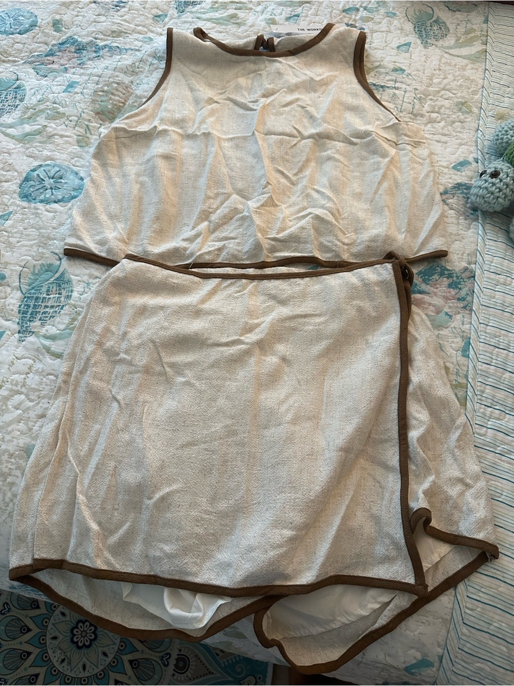 Workshop Republic Clothing Cream Mini Dress with Brown Trim